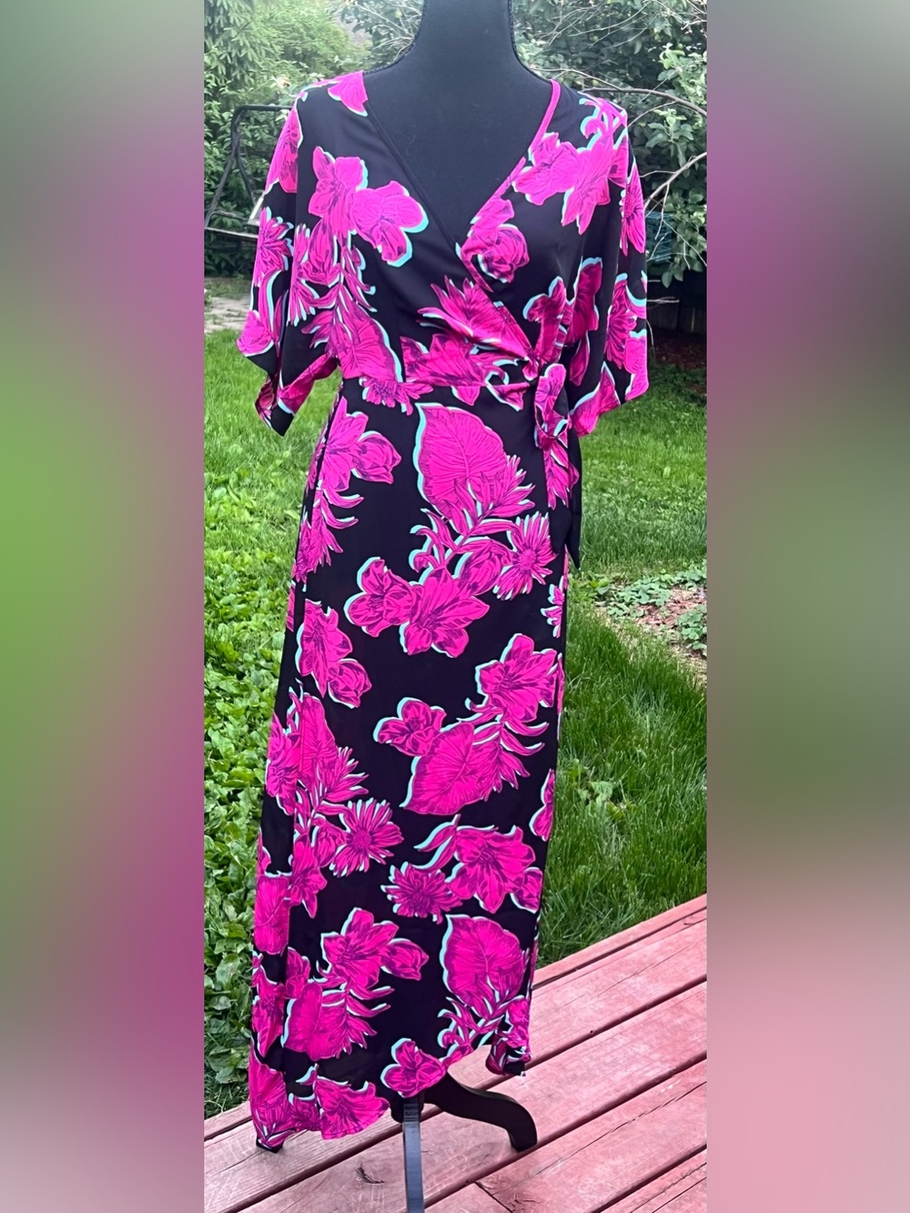 Monteau Black Maxi Dress with Hot Pink Floral Print